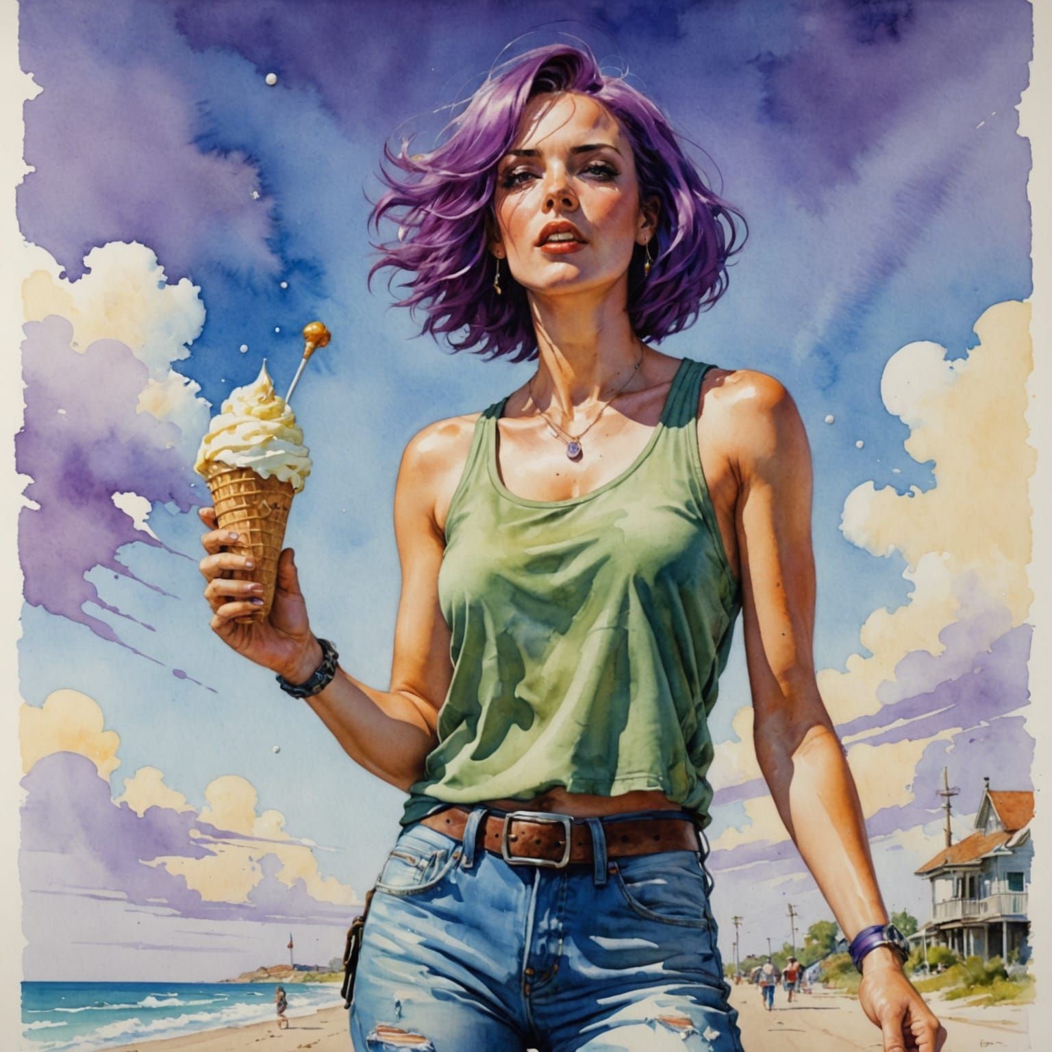 Woman Enjoys Ice Cream on Hot Summer Day