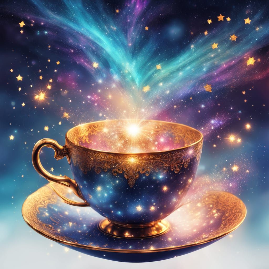 Dreamy Whimsical Teacup Filled with Stars in Pastel Hues