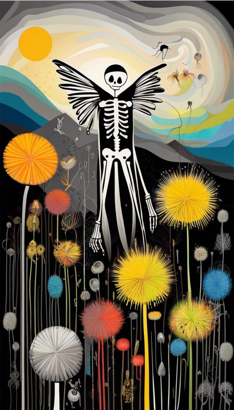 Winged Skeletons in a Dandelion Dreamscape