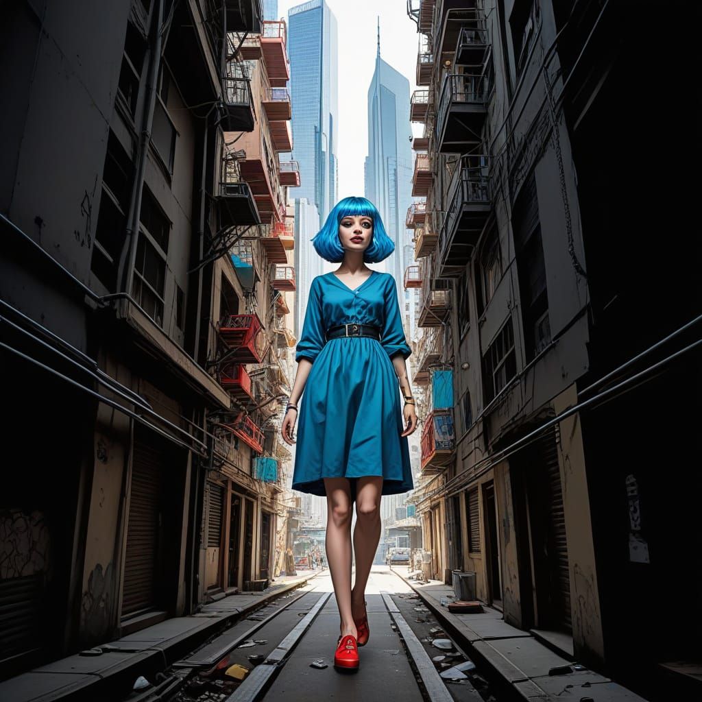 Infinite Cityscape with Pellucid Woman and Comic Workers
