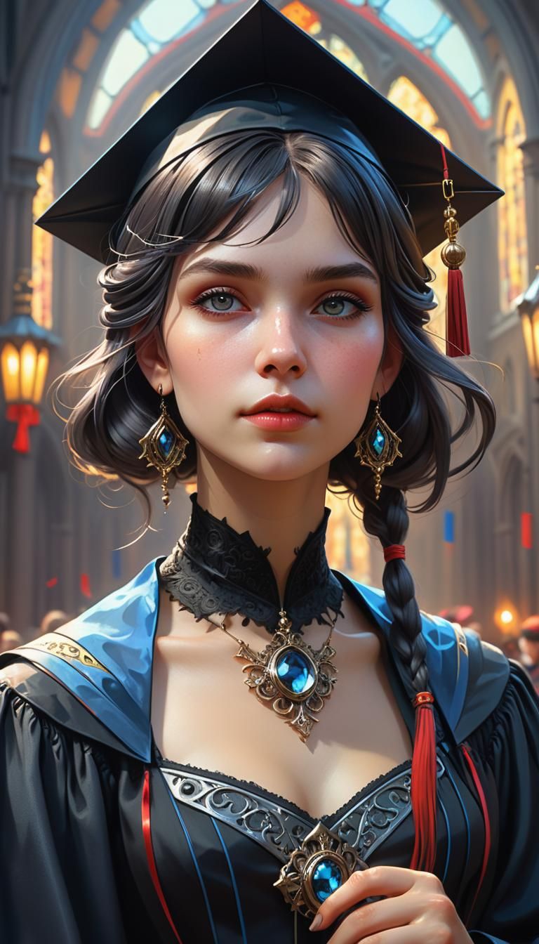 Gothic Woman's Graduation Day Portrait in Art Nouveau Style
