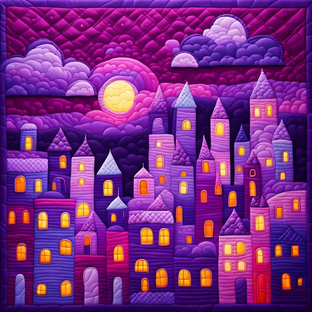 Dreamy Quilted Cityscape in Purple Hues