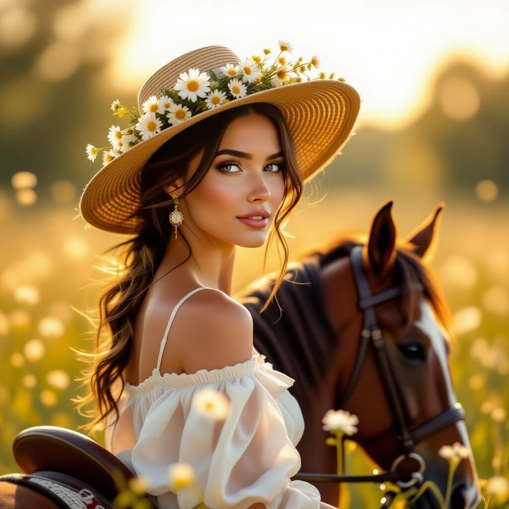 Woman in Straw Hat Riding Horse in Golden Hour Meadow