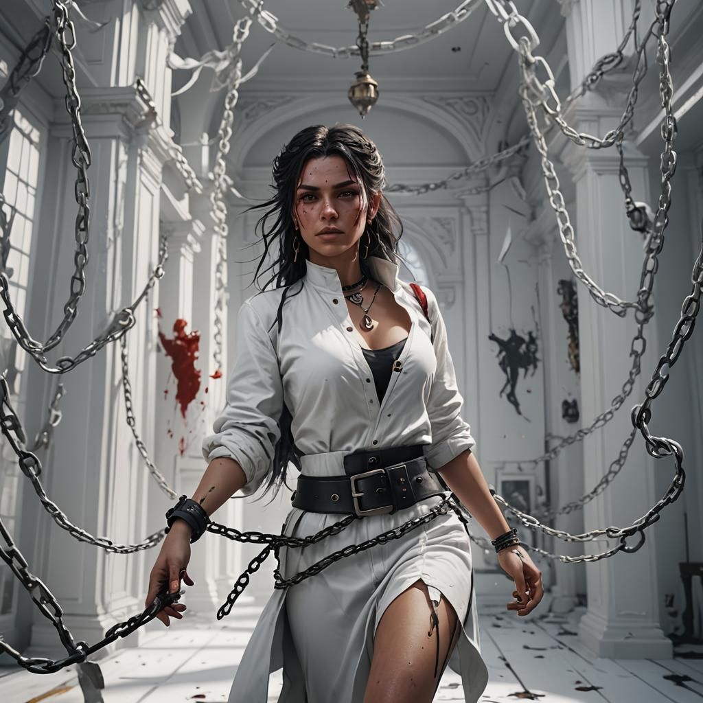 Chained Girl in White Room: Detailed Matte Painting
