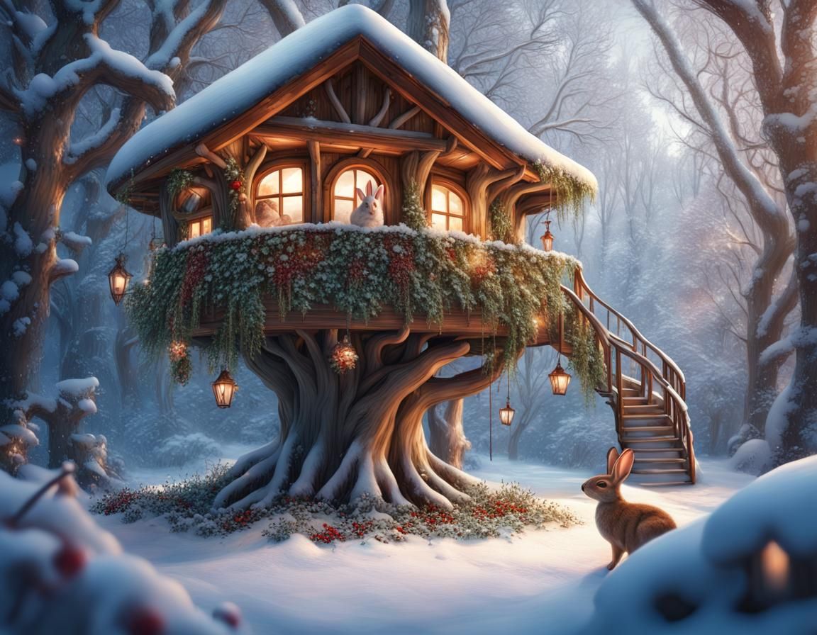 Rabbit in Winter Treehouse: Hyperdetailed Portrait