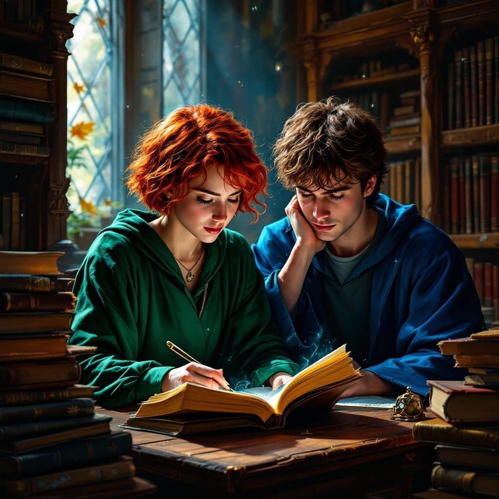 Young Couple Studying in Hogwarts Library in Hyperrealistic ...