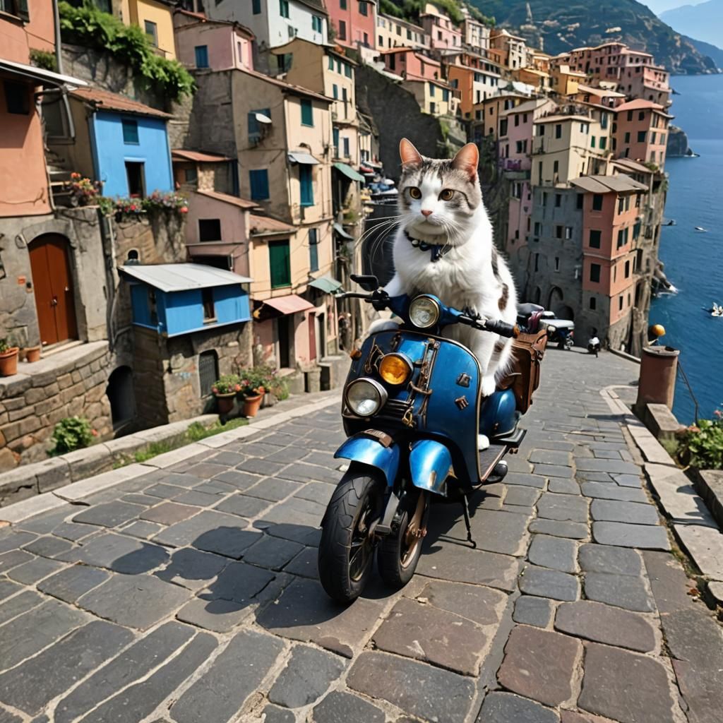 Cat on Steampunk Scooter in Cinque Terre