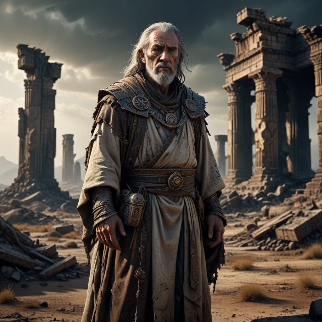 Ancient Wiseman on Desolate Plain in Dramatic Twilight