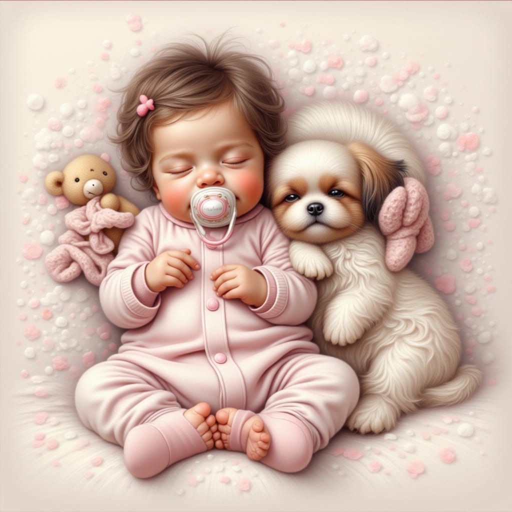 Sleeping Baby with Teddy Bear and Dog as Chalk Oil Painting