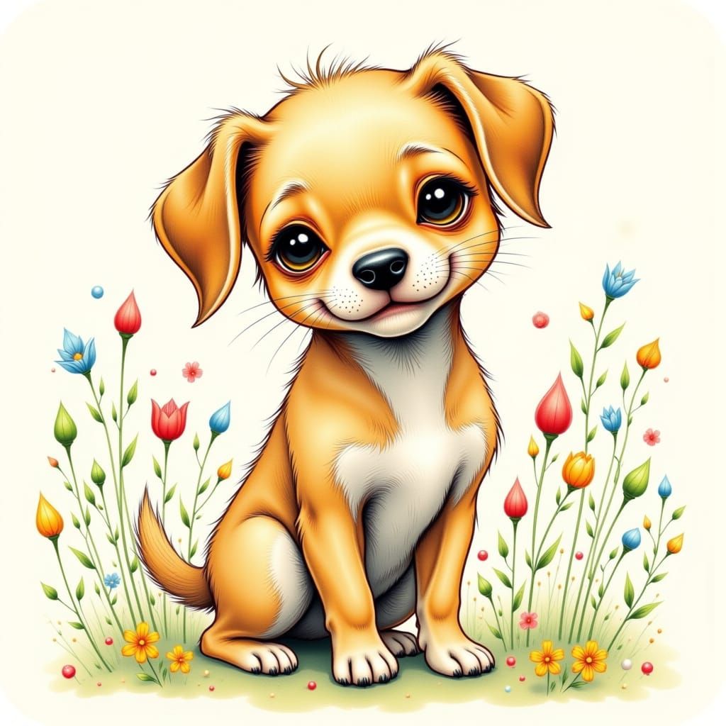 Whimsical Puppy Caricature with Swirling Patterns