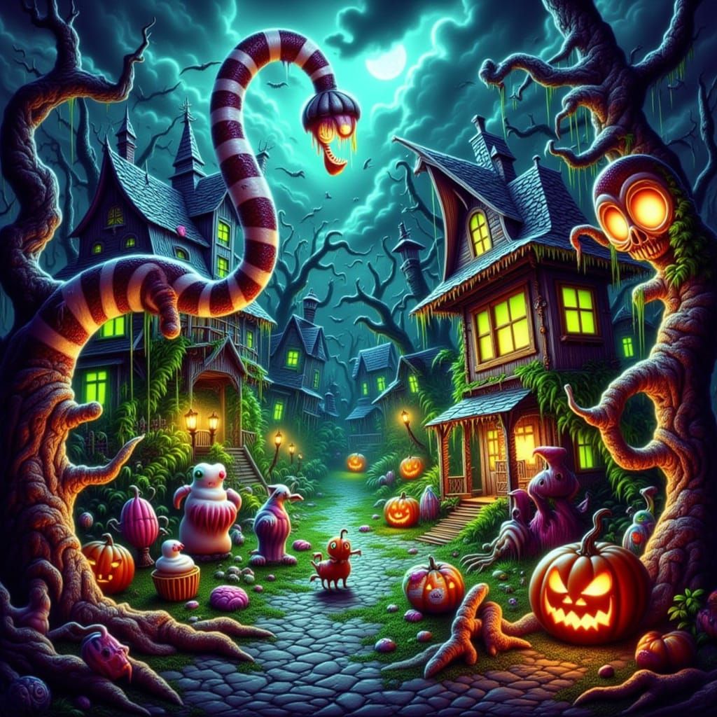 Twisted Halloween Creatures and Haunted Houses in Dark Fanta...