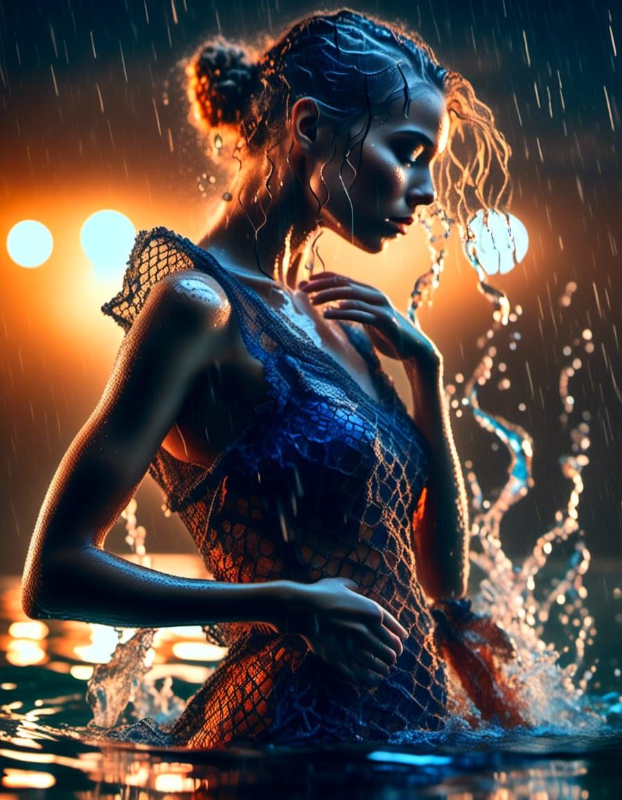 Woman in Fishnet Skirt Surrounded by Splashing Water