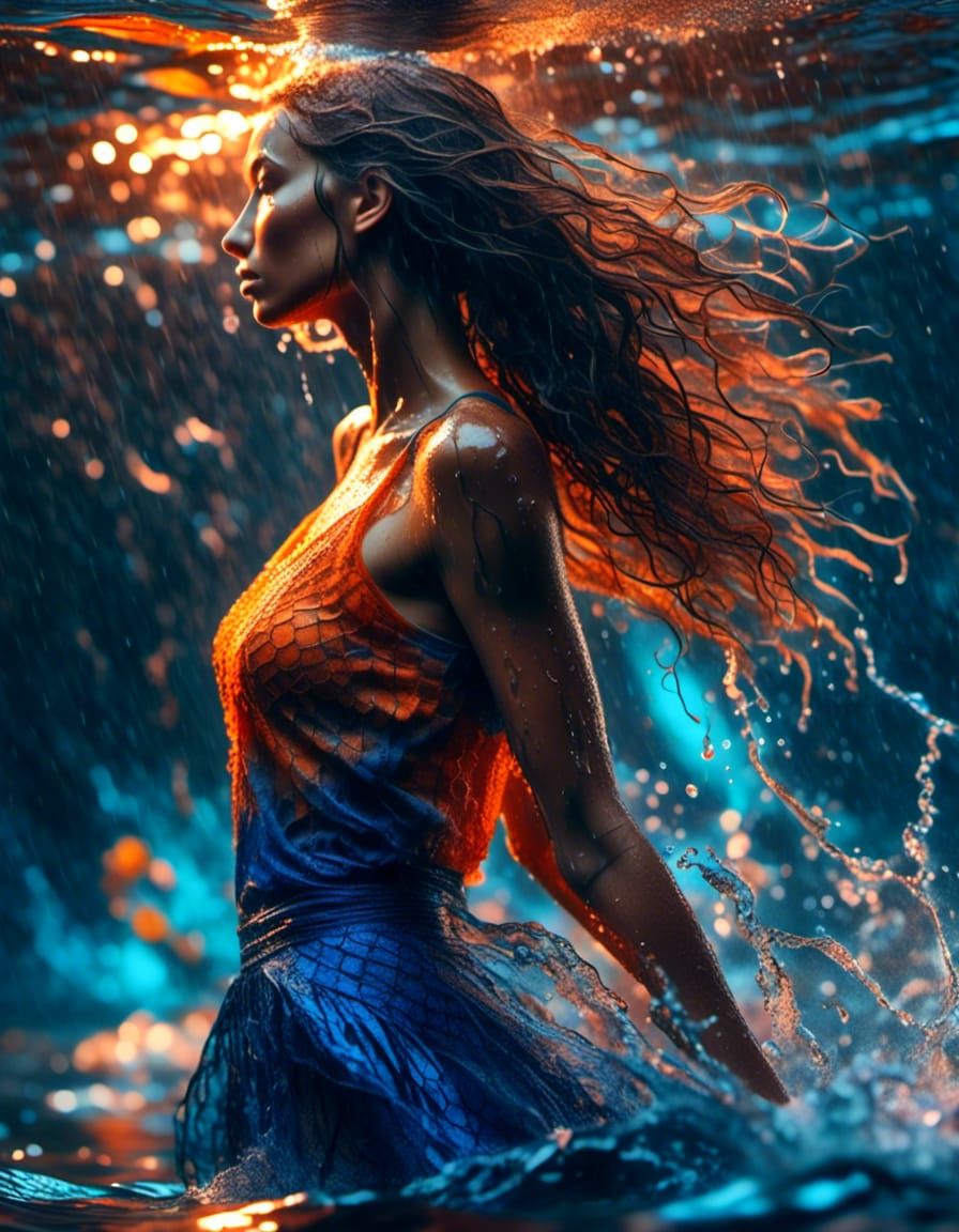 Woman in Wet Finery Amidst Splashing Water, Hyperrealistic D...