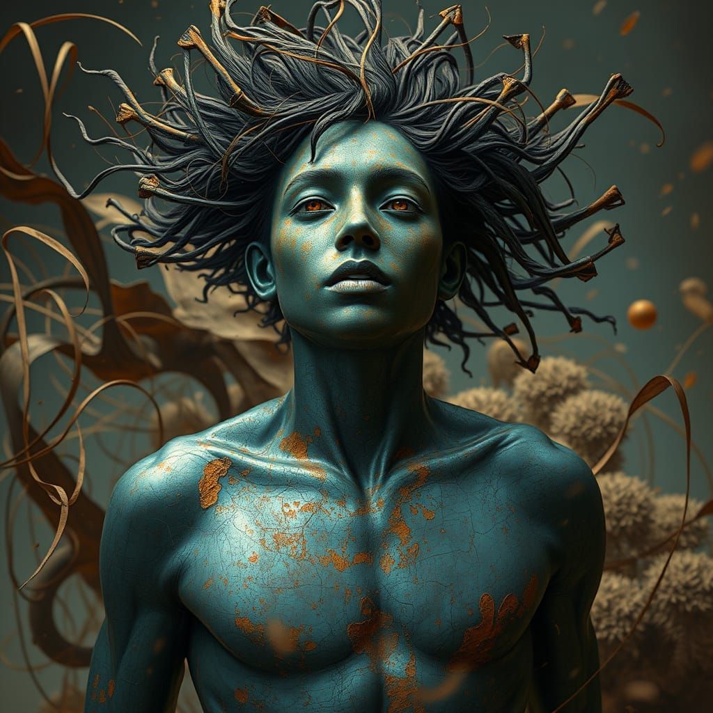 Bold Futuristic Figure in a Whirlwind of Metals