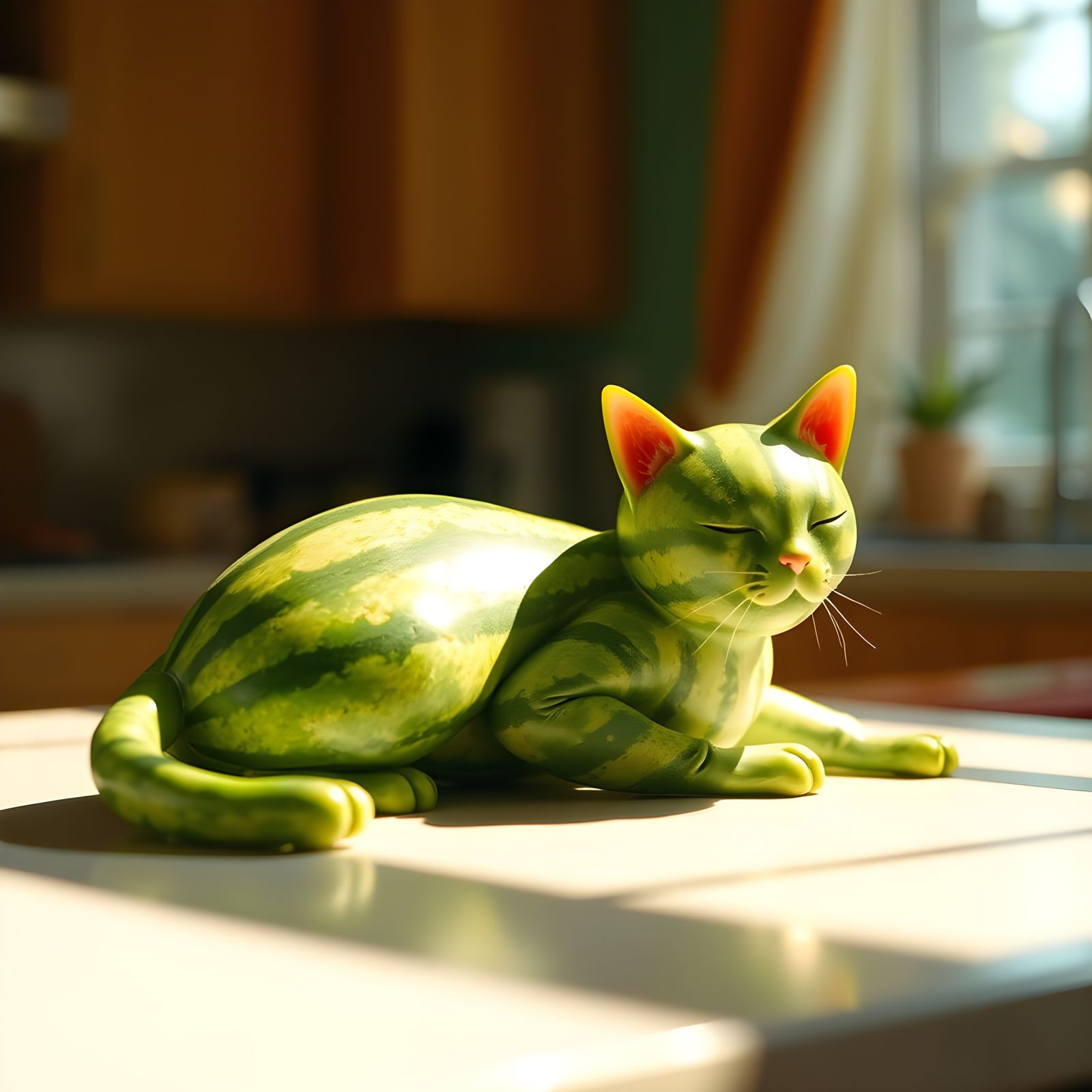 Surreal Watermelon Cat Sculpture in Soft Focus