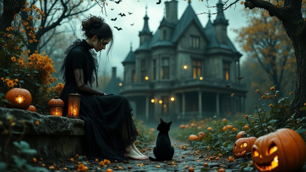 Gothic Autumn Scene: Woman, Doll, and Haunted Mansion