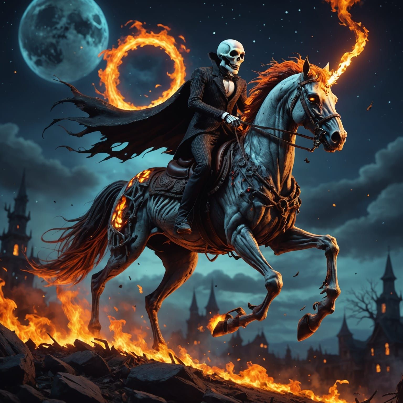Jack Skellington riding a zombie horse that’s on fire in the...