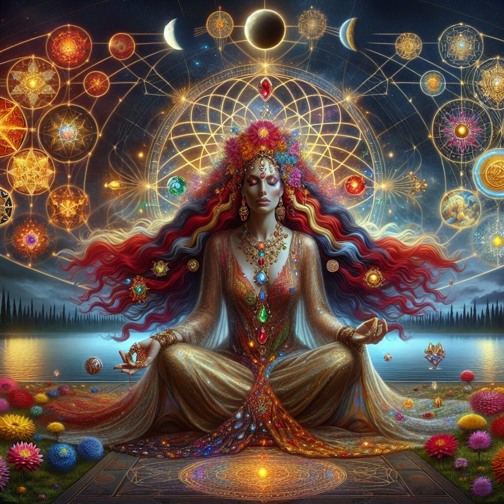 Mystical Female Figure Encircled by Celestial Bodies and Anc...