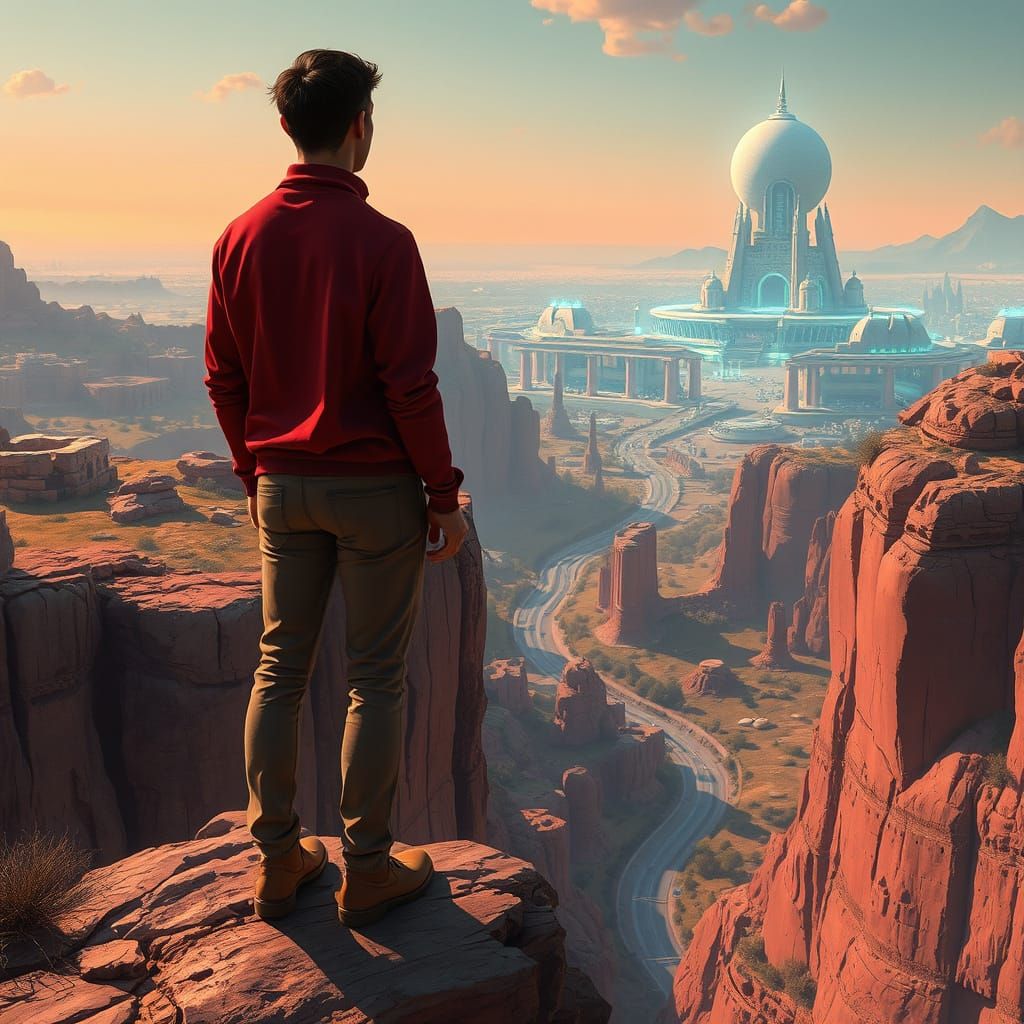 Ancient Ruins Meet Futuristic Cityscape at Cliff Edge