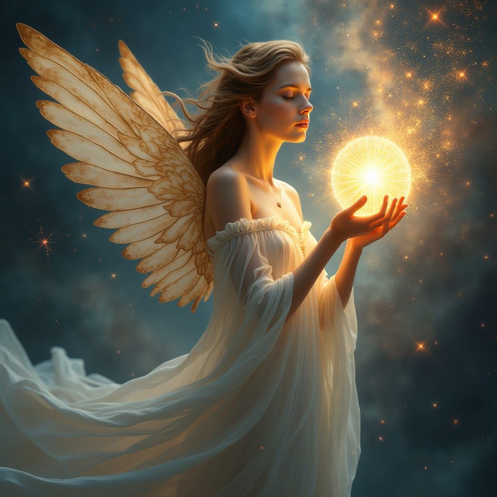 Celestial Goddess with Wings and Golden Orb in Cosmic Univer...