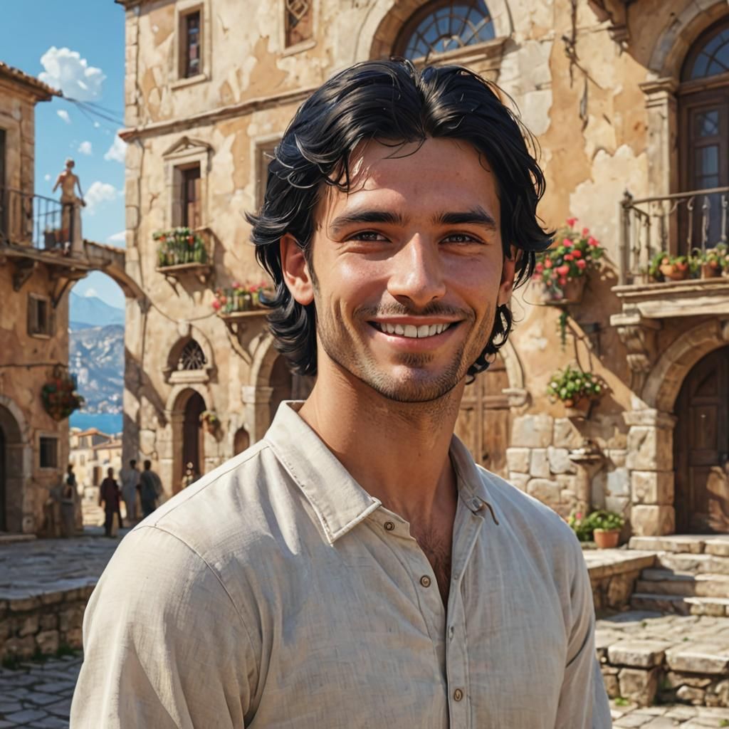 Smiling Italian Man Concept Art in Roger Dean Style