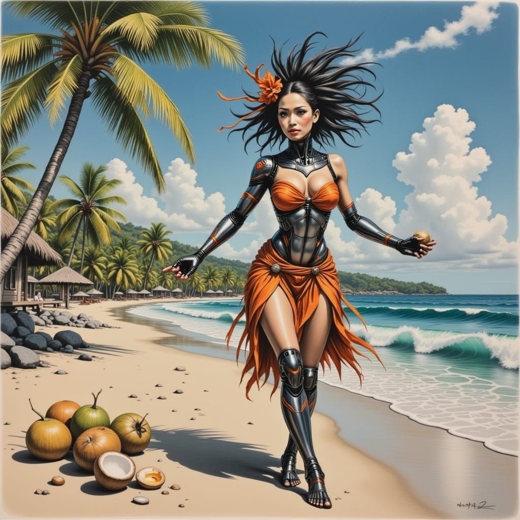 Cyborg Hula Dancer on Tropical Beach