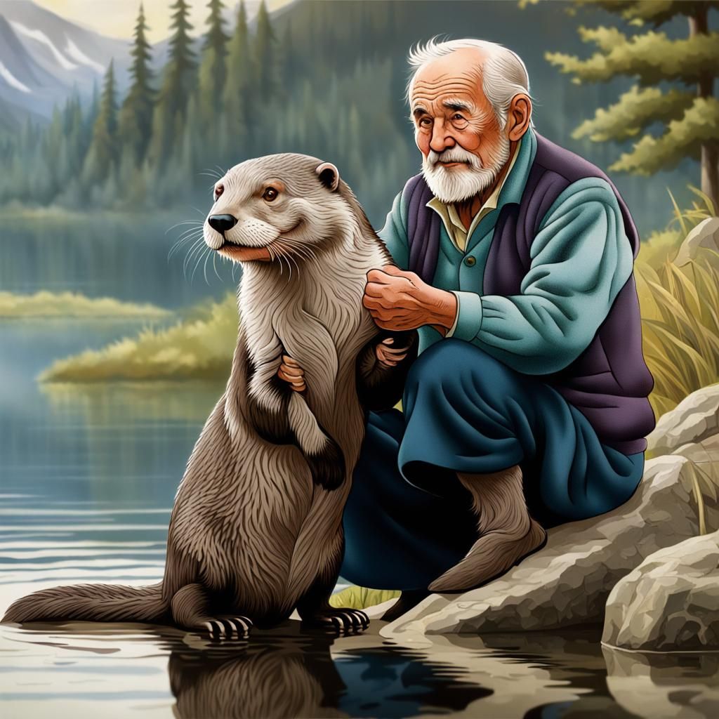 Otter in Lake Watched by Old Man