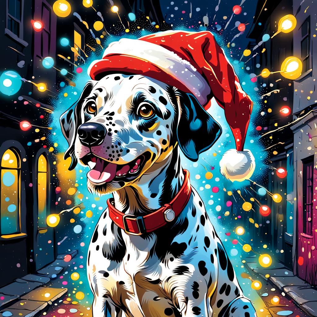 Festive Dalmatian in Santa Hat: Whimsical Street Art