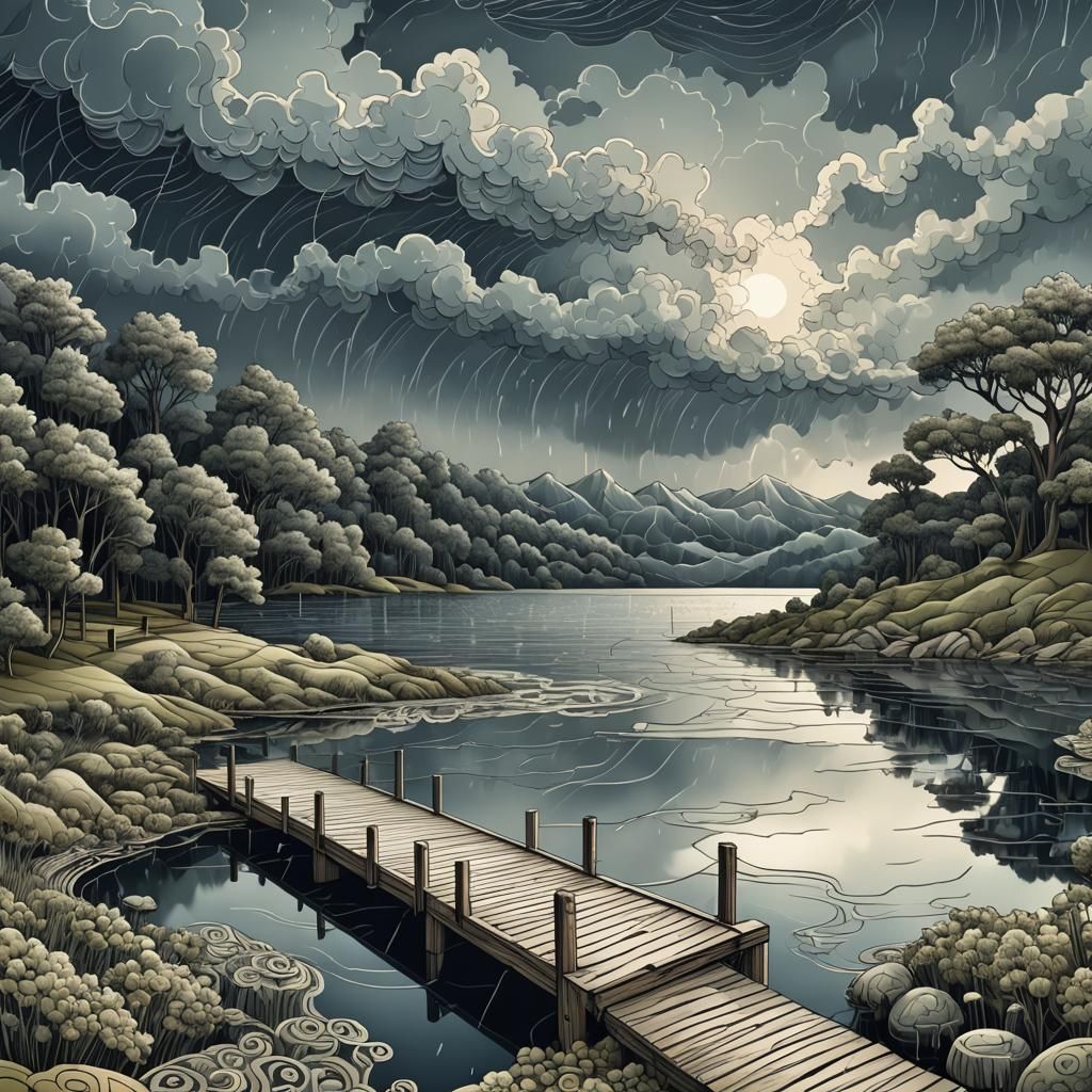 Lakeside Dock Under Thunderstorm with Abstract Shading