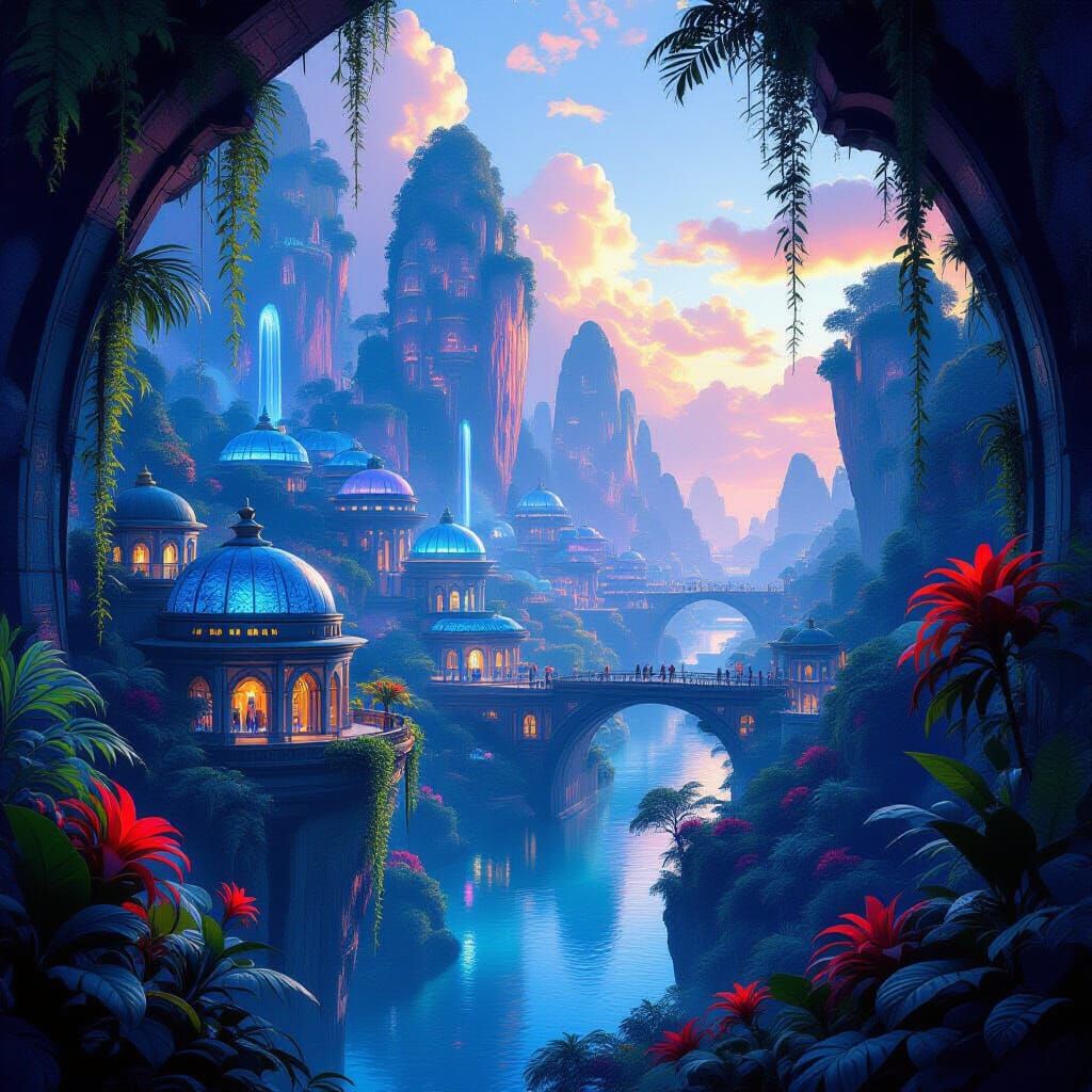 Pandora's Bioluminescent City in Luminous Painterly Style