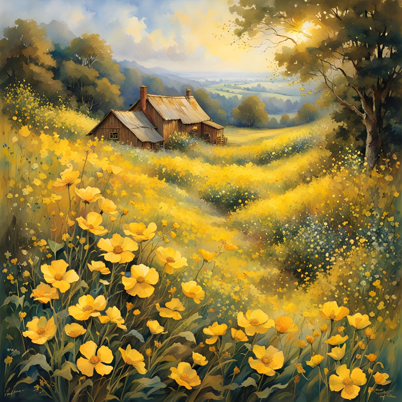Yellow Flowers Field in Watercolor Illustration