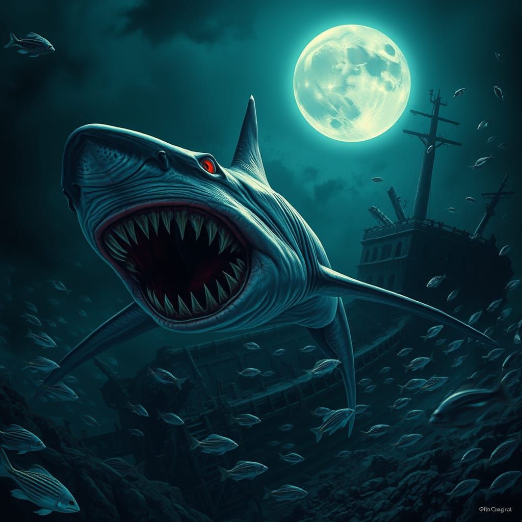 Menacing Vampire Shark in Biomechanical, Dreamlike Underwate...