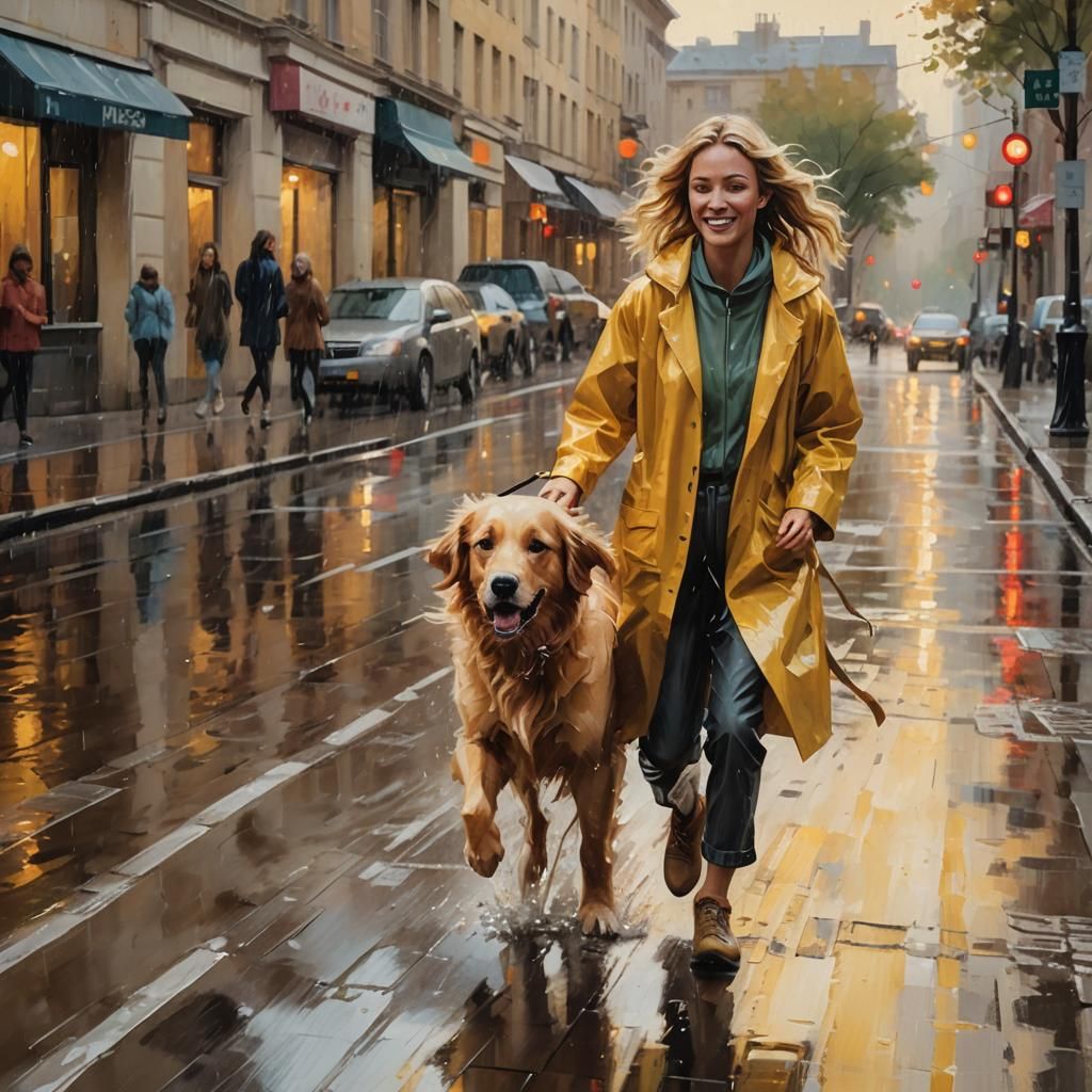 Girl and Dog in Rainy City: Impressionist Oil Painting