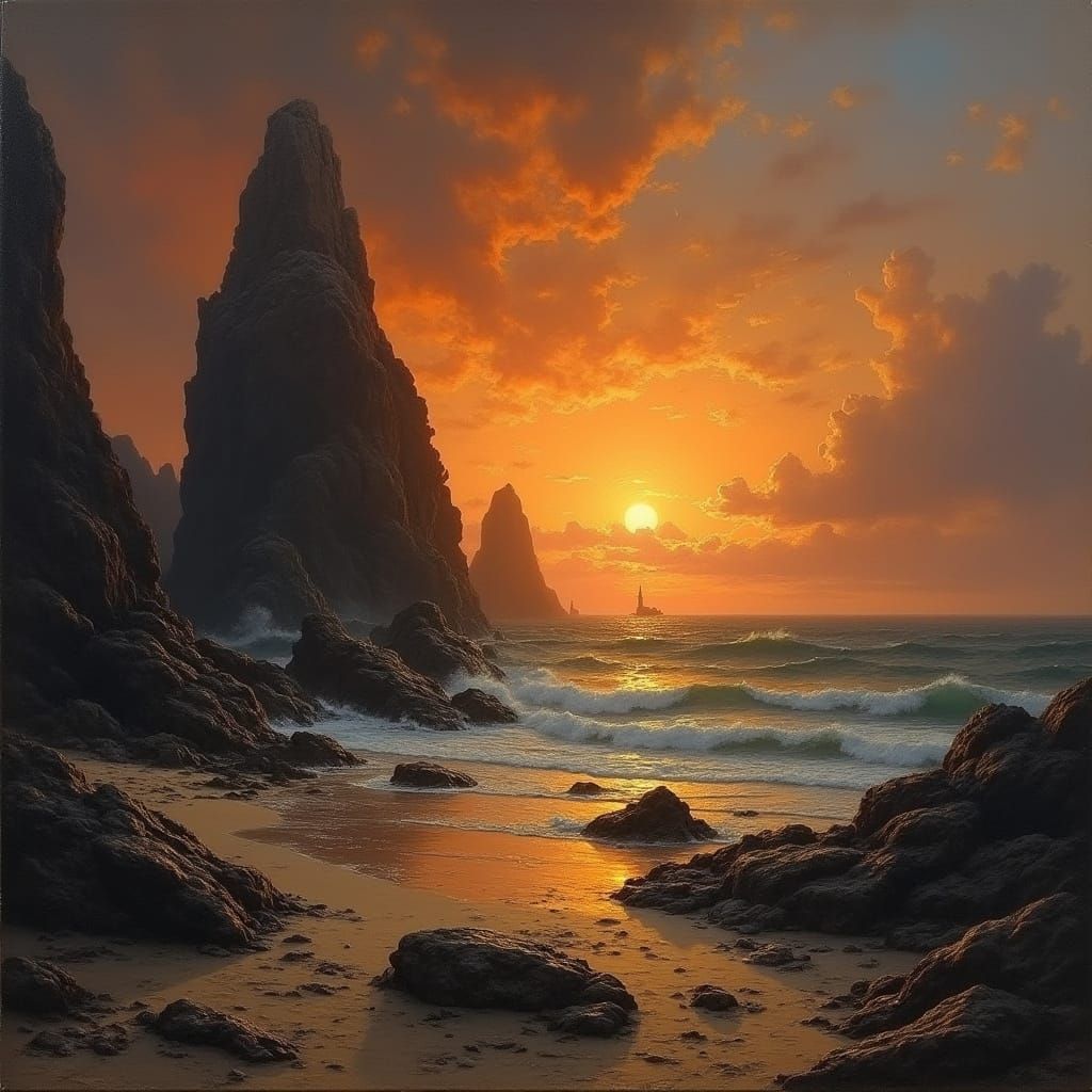 rocks and stones on the Sunset Beach. A Beautifully Eerie Painting of a Burning Sky over a rough rocky Beach by Cas...