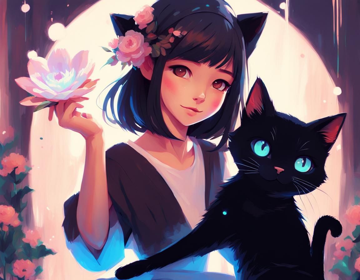 Radiant Girl Performing Flower Magic, Painterly Style