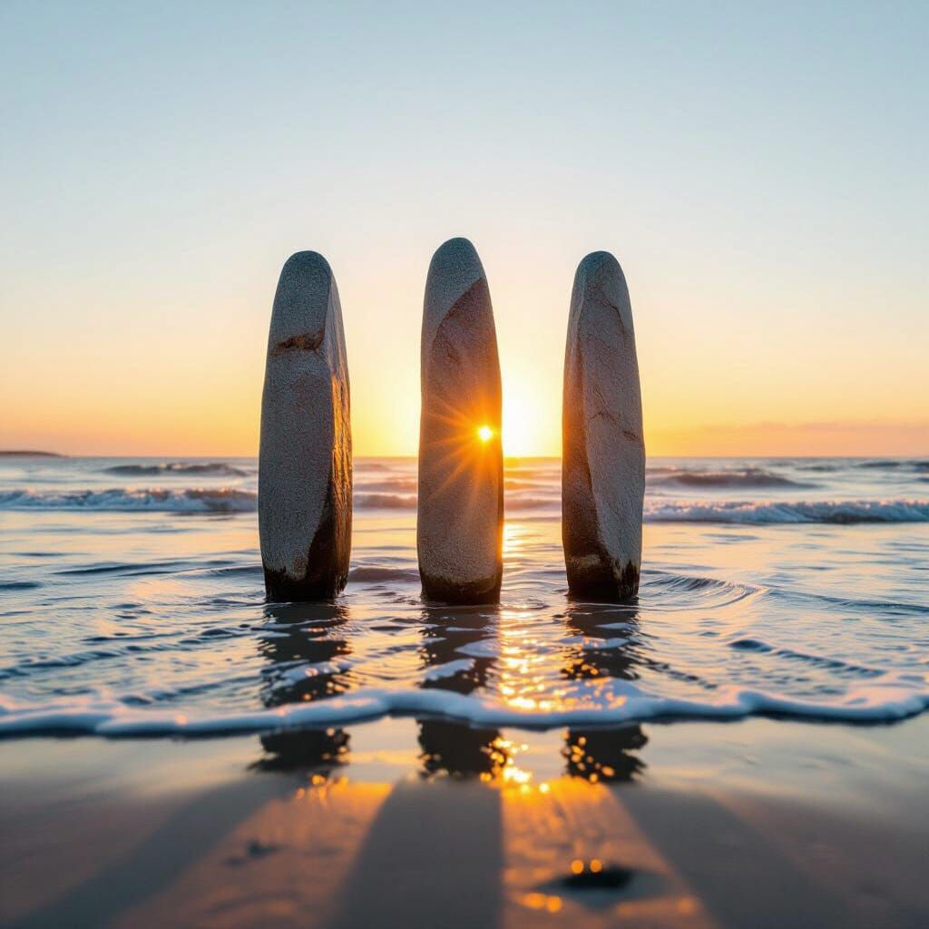 Stone Pillars on Serene Beach at Sunrise