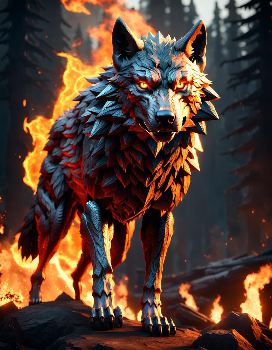 Fiery Wolf in 3D Game Cinematic Style