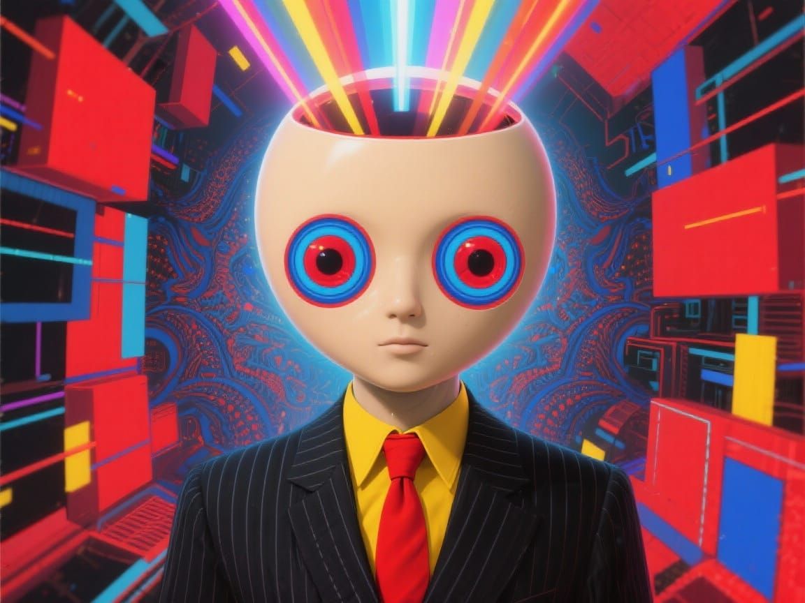 Surreal Digital Figure with Geometric Shapes and Light Beams