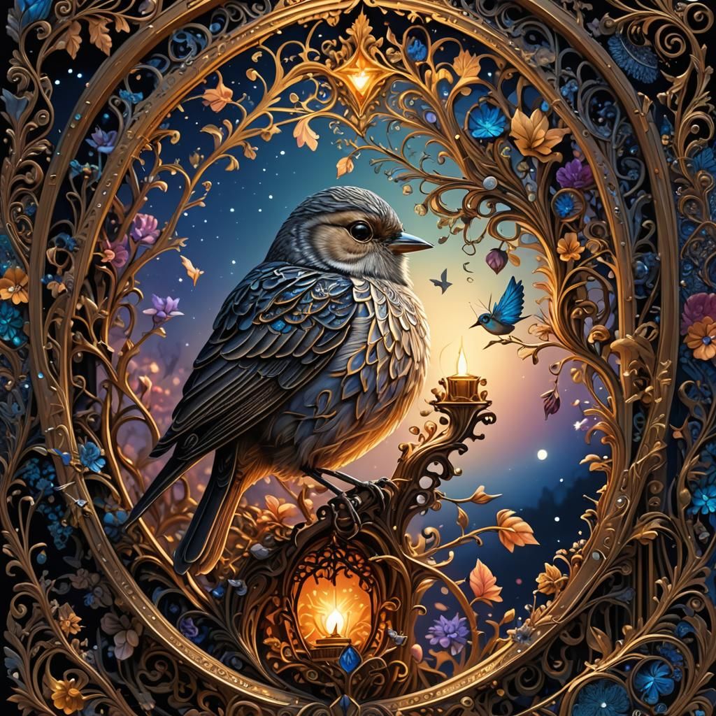 Surreal Nightingale Heart Song: Maximalist 3D Art