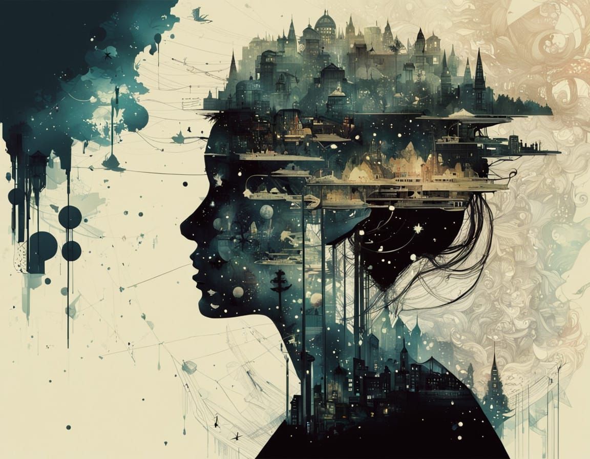 Surreal Double Exposure Galaxy Scene with Chess Queen Silhou...
