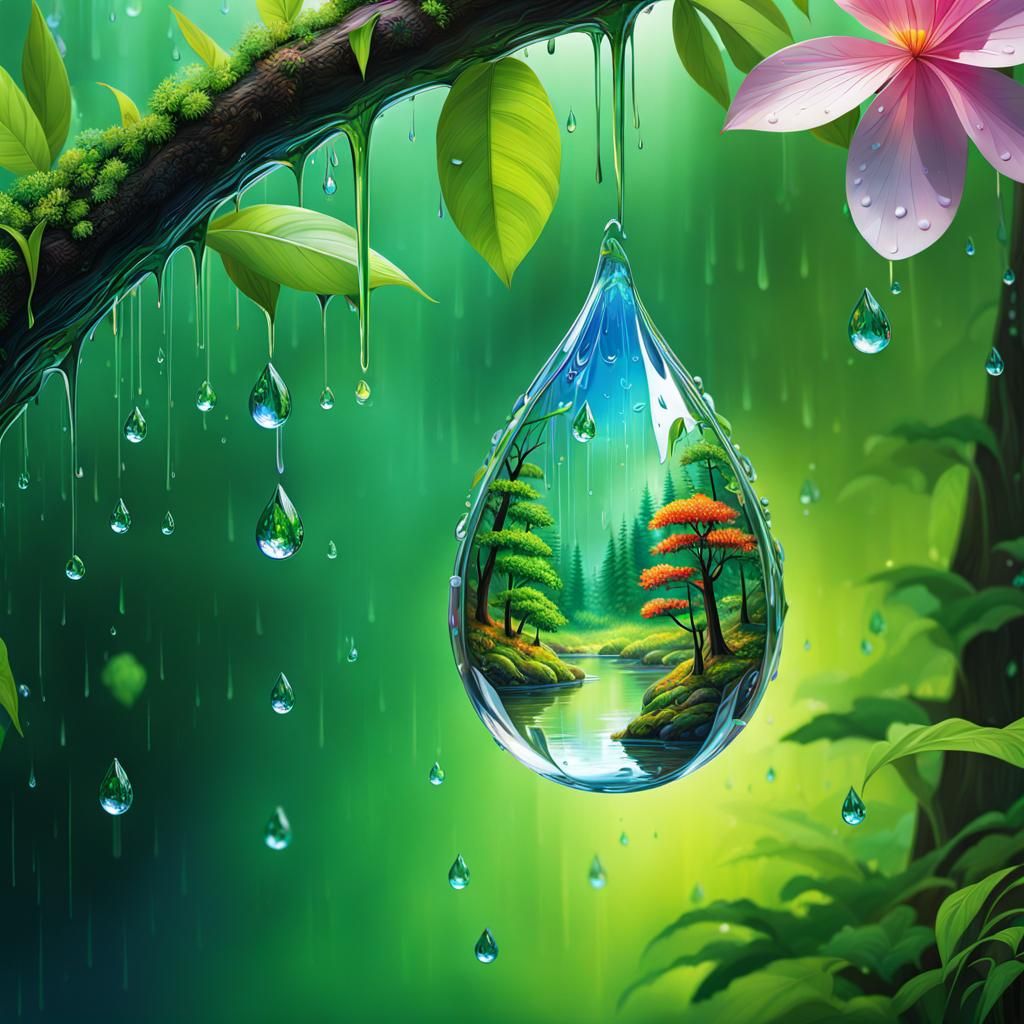 Forest Wonderland Reflected in Raindrop