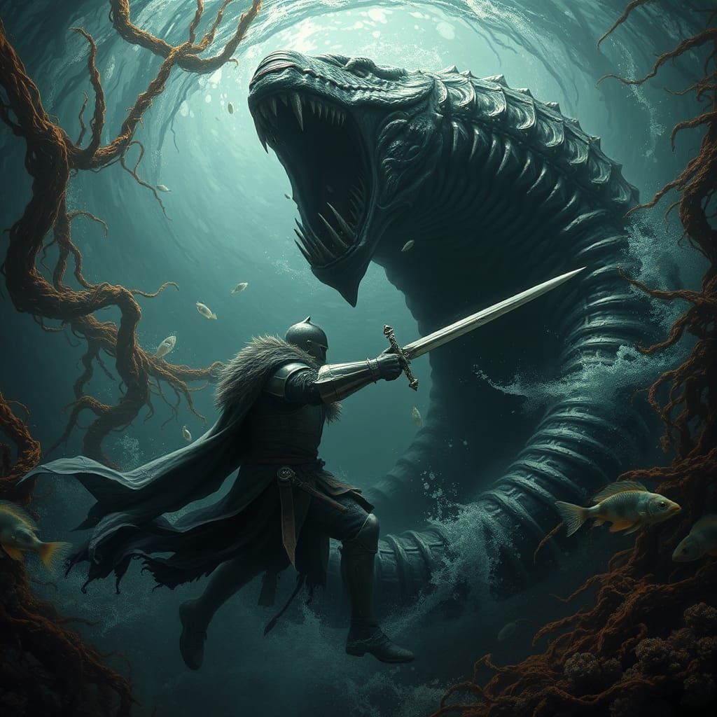 Knight's Underwater Battle with Sea Monster in Dark Fantasy ...