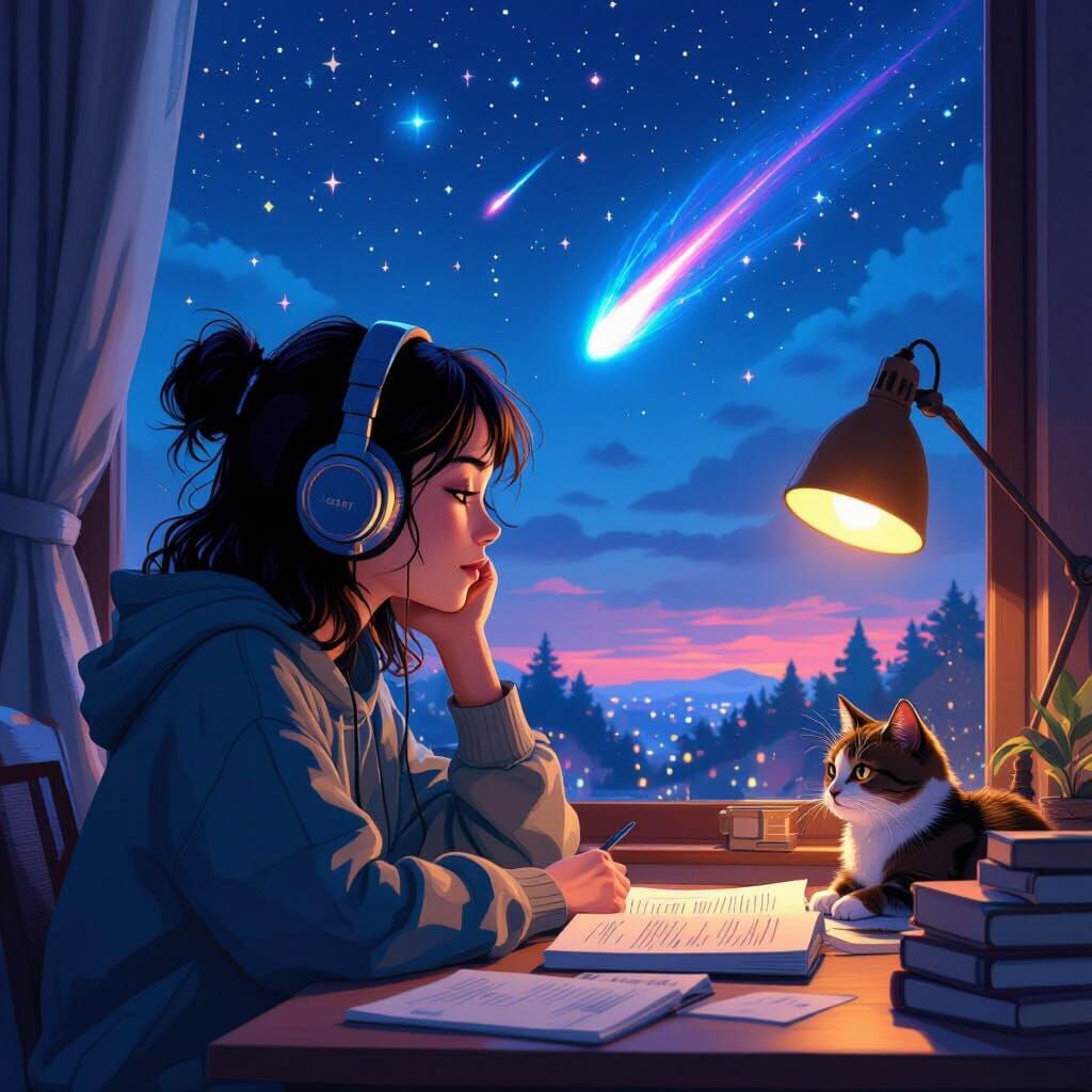Lofi Girl Studying Under Comet Sky