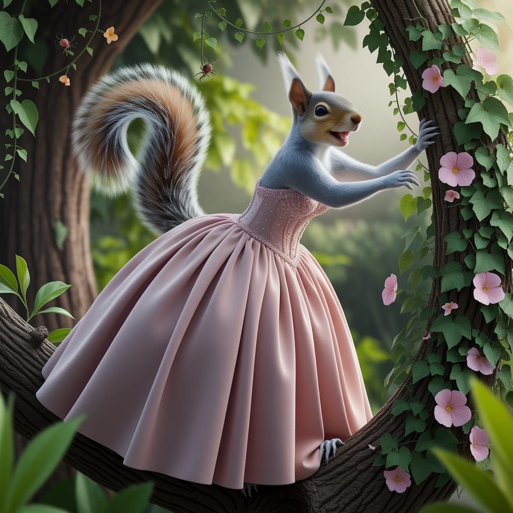 Whimsical Squirrel Woman in a Jungle Ball Gown