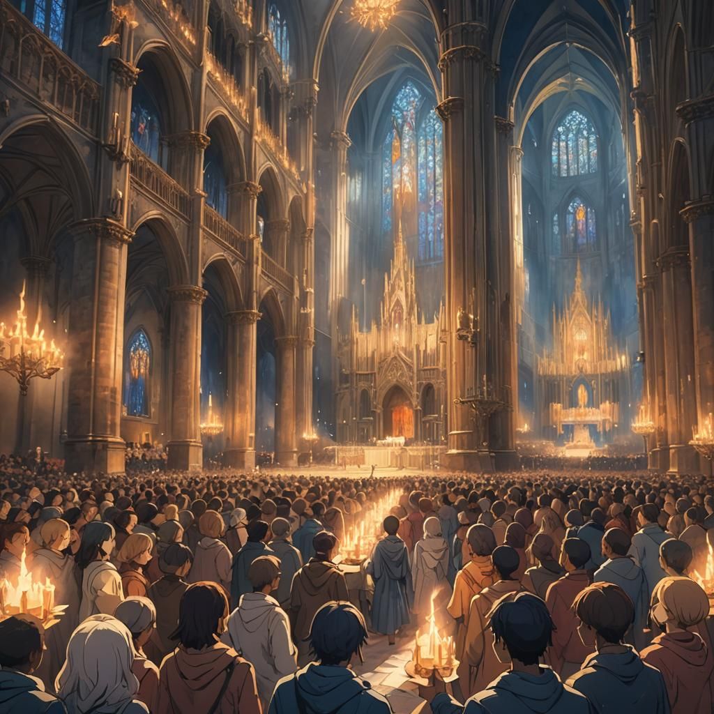 Majestic Cathedral Gathering in Cinematic Anime Style