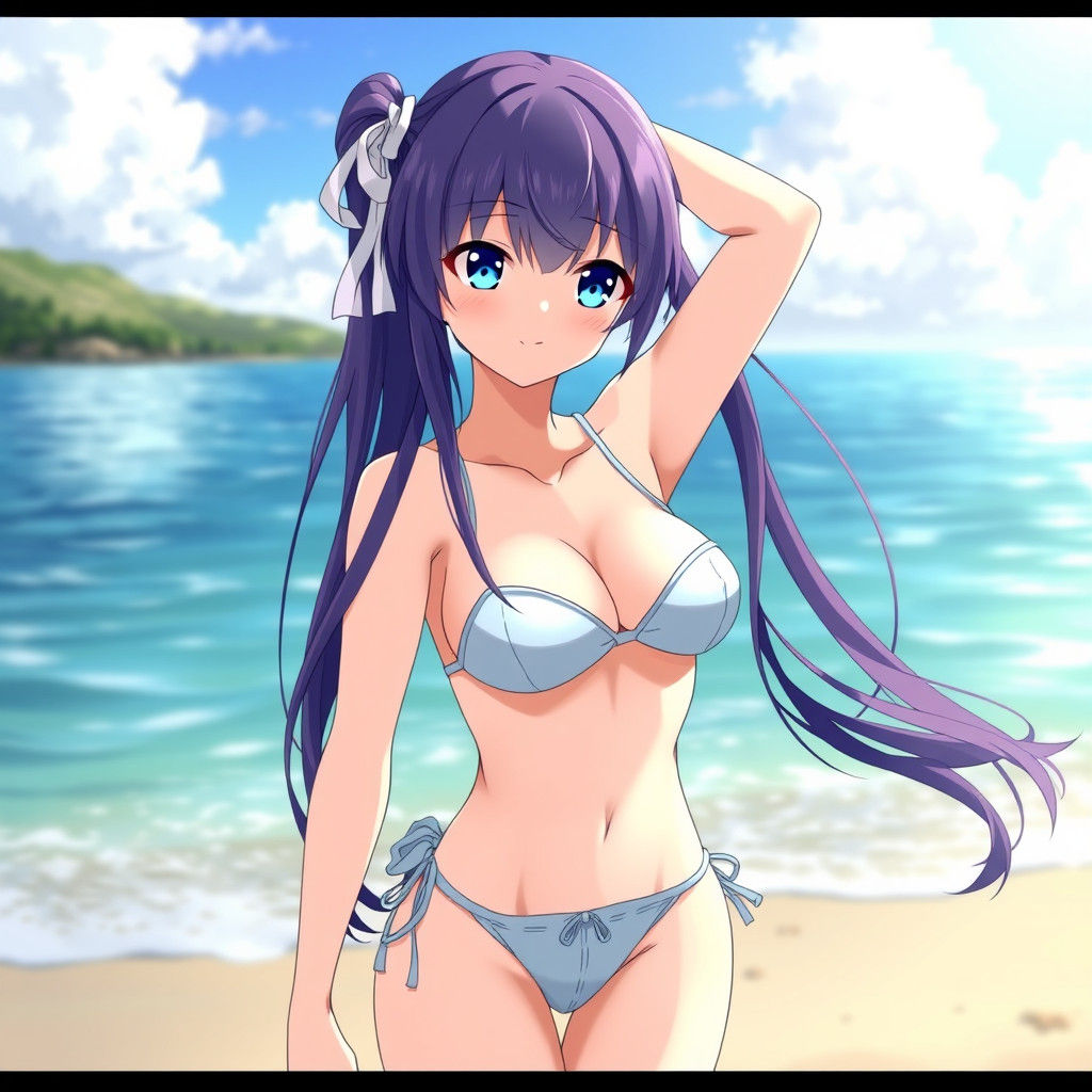 Anime Girl with Blue Eyes on Beach