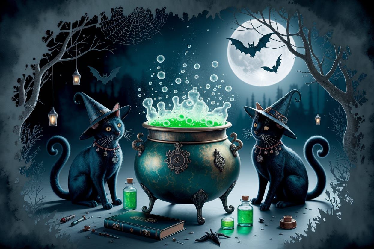 Witchy Cats & Bubbling Cauldron in Magical Moonscape