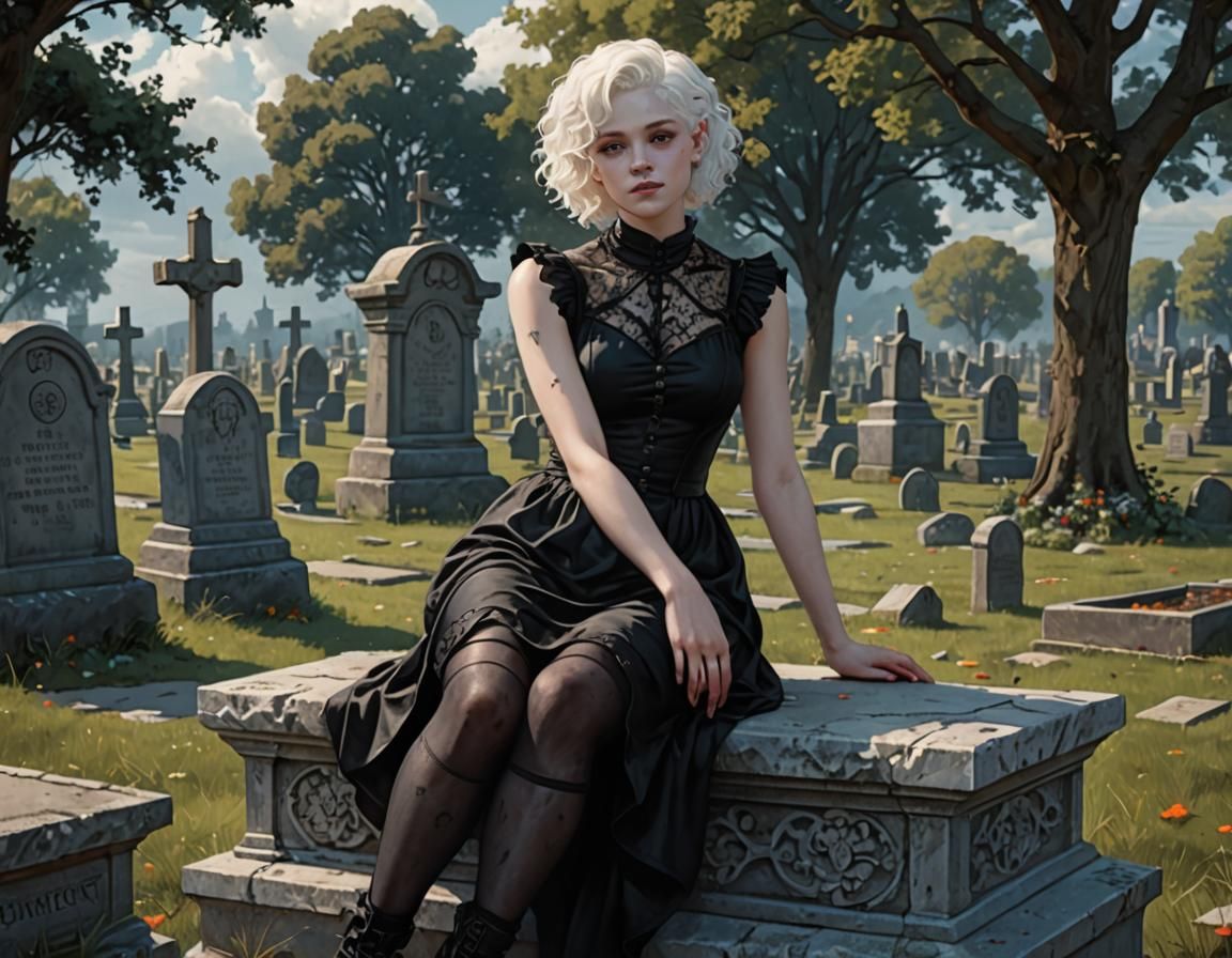 Albino Woman in Goth Dress in Cemetery