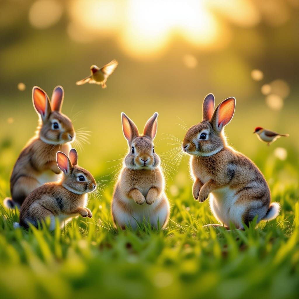 Hyperrealistic Animals Playing in a Sunny Field