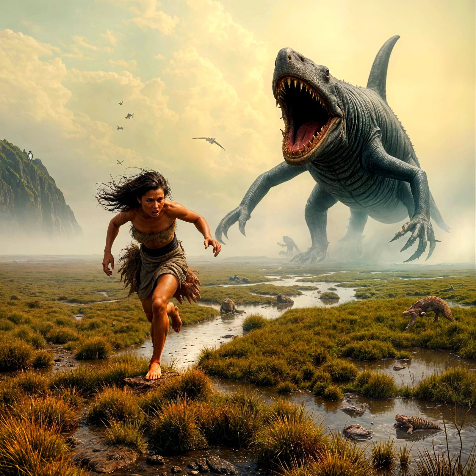 Worg-Headed Shark Lizard Chases Neanderthal Woman